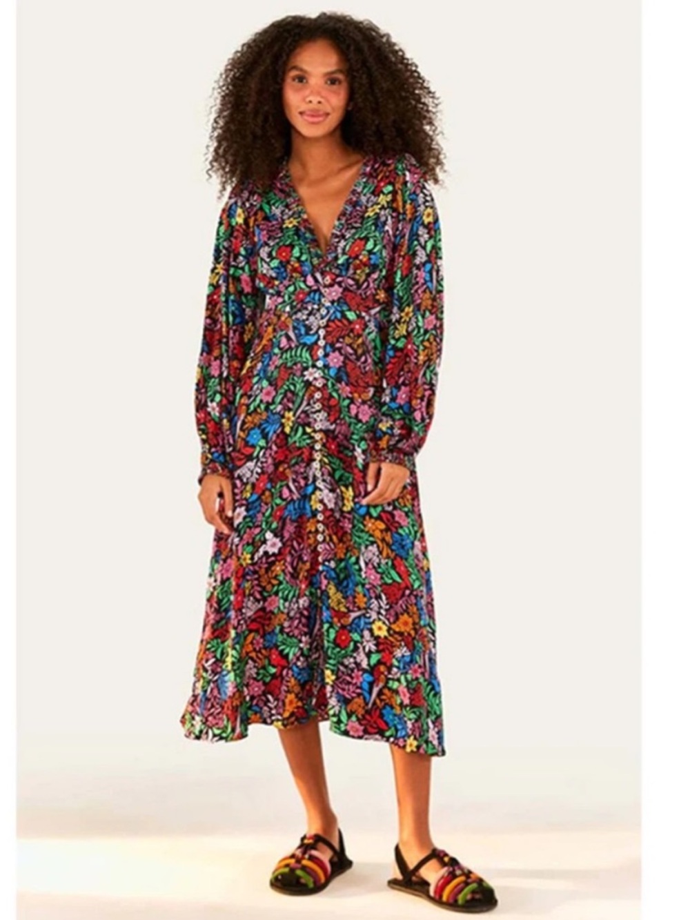 FARM RIO Tropical Garden Long Sleeve Midi Dress